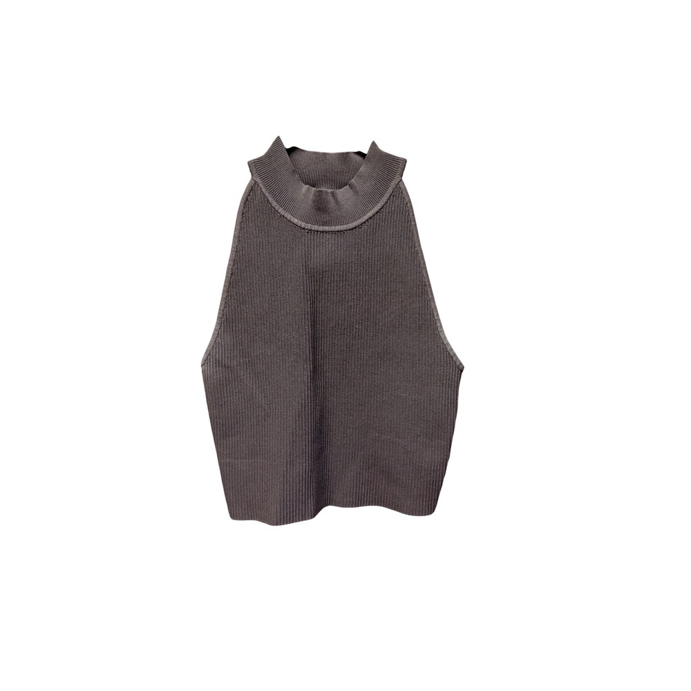 Babaton Ribbed Mock Neck Knit Tank Top Brown Sleeveless High Neck Medium